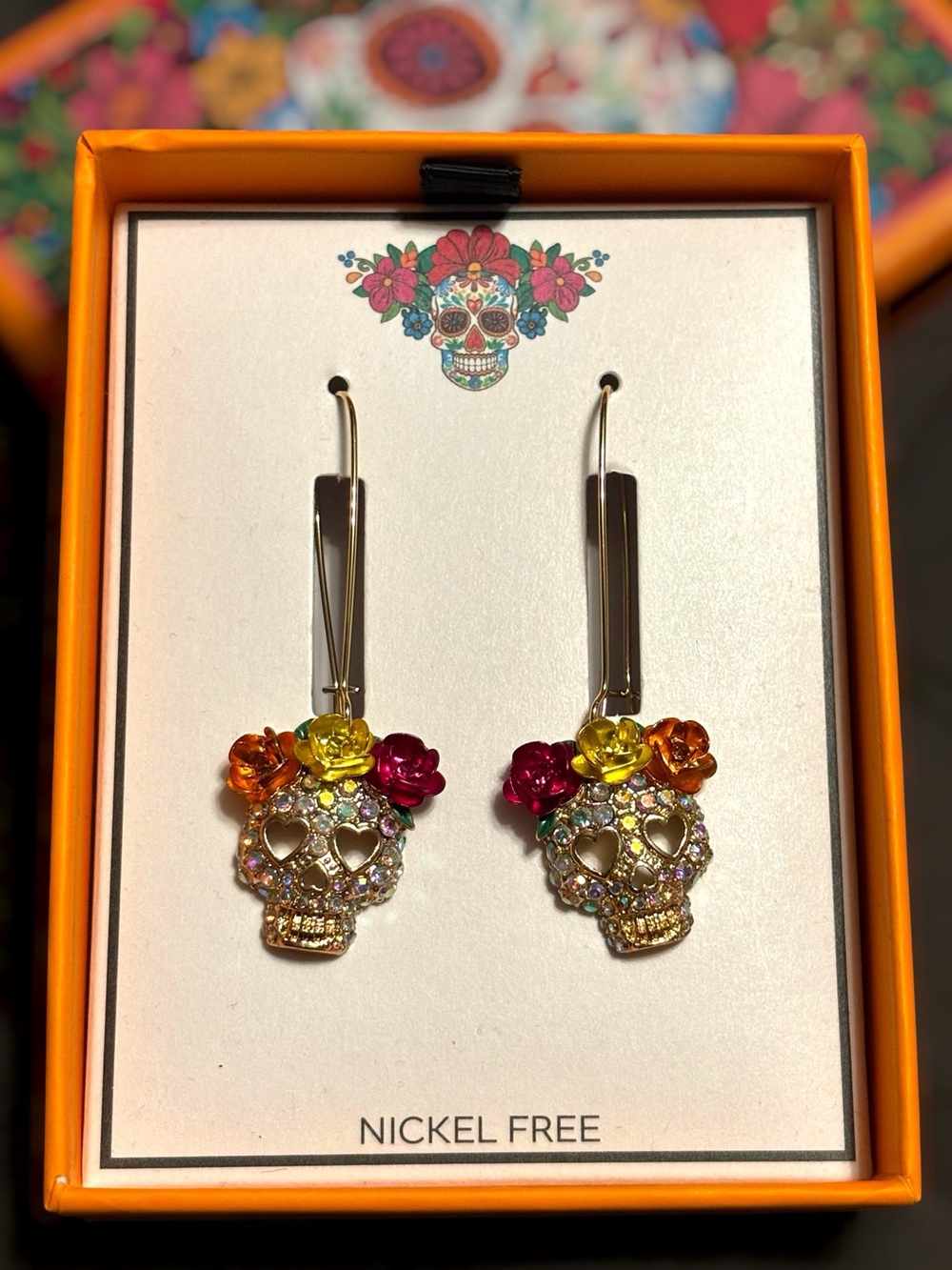 Gold-tone Sugar Skull Floral Drop Earrings - Colorful